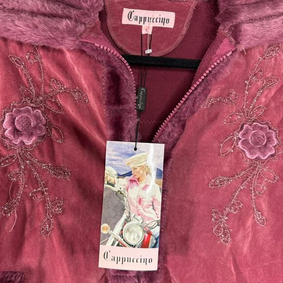 NWT Y2K Cappuccino Faux Fur Embroidered Velour Jacket Sz L - Pink Bratzcore Coat - Picture 3 of 8